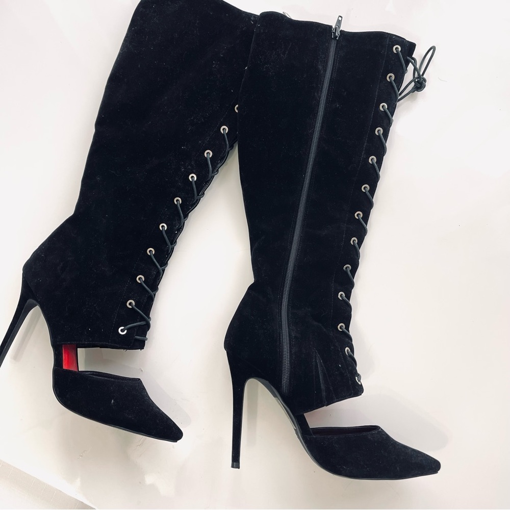 SHOE REPUBLIC LA boots BLACK lace up open front tall knee high velvet boot 8.5 - Picture 3 of 8